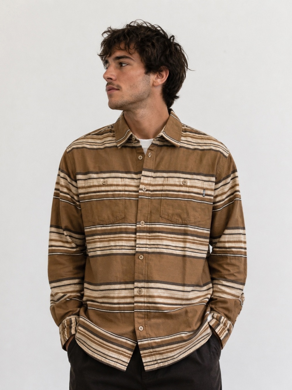 Hurley Men's Tan and White Striped Button Down Shirt